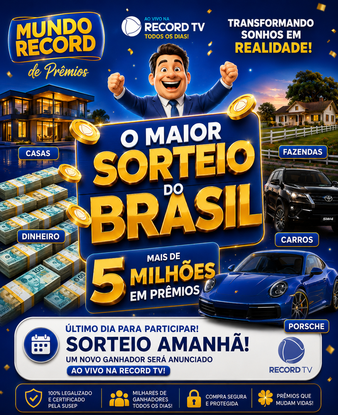 Banner principal Mundo Record de Prêmios — O Maior Sorteio do Brasil com milhões em prêmios, casas, fazendas, carros e dinheiro