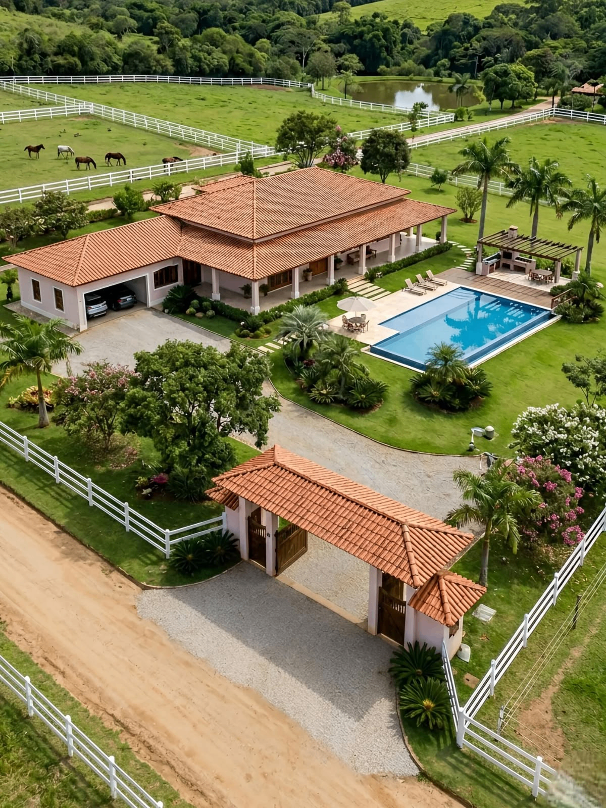 Vista aérea da fazenda com casa, piscina, haras e cavalos